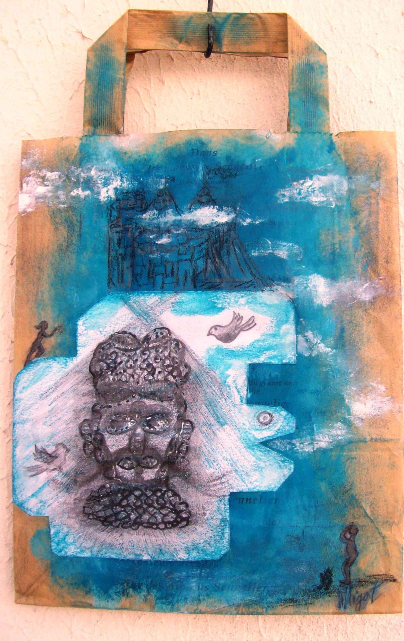 WP_Kids in the box – Je te vois (I See you) – work on upcycled paper bag 22 X 18 cm Mixed Media