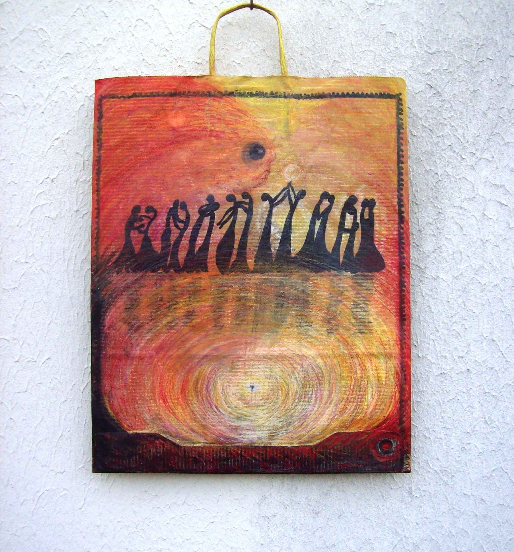 WP_Witchcraft – Danse à Sirius (Dance to- Sirius) – oeuvre sur sac papier recyclé (work on upcycling bag)Mixed Media 39,5 X 32 cm