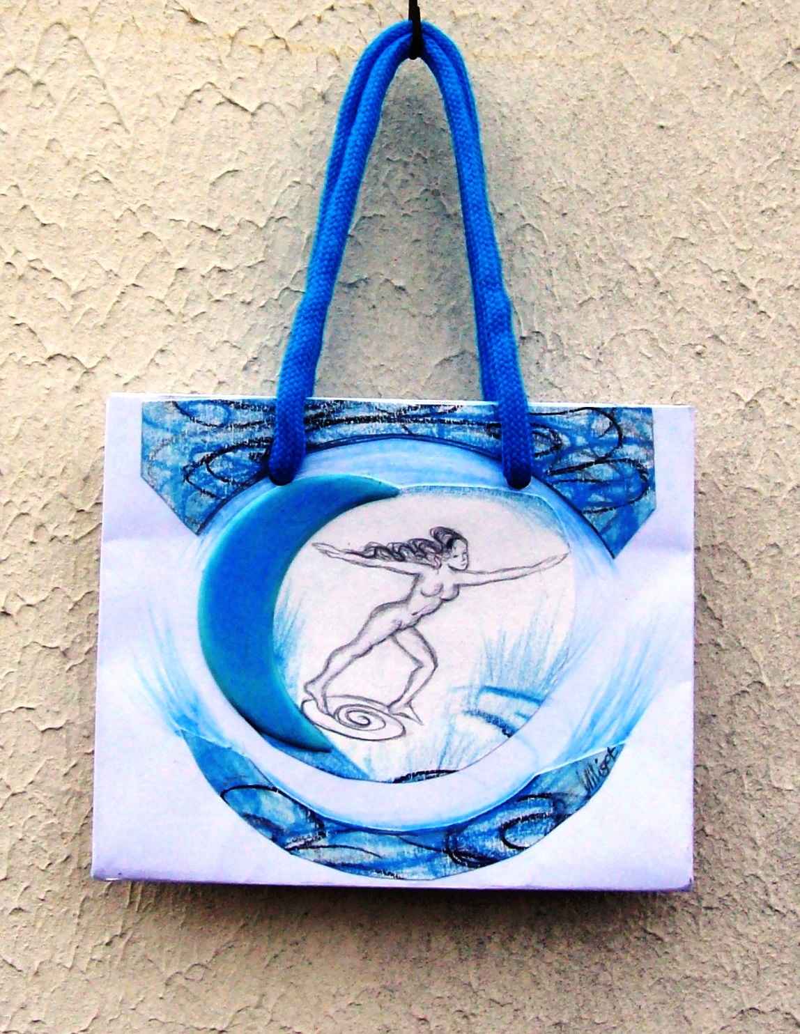 WP_Witchcraft – Invocation lunaire (Moon invocation) – oeuvre sur sac papier recyclé (work on upcycling bag) 14 X 17 cm Technique Mixte