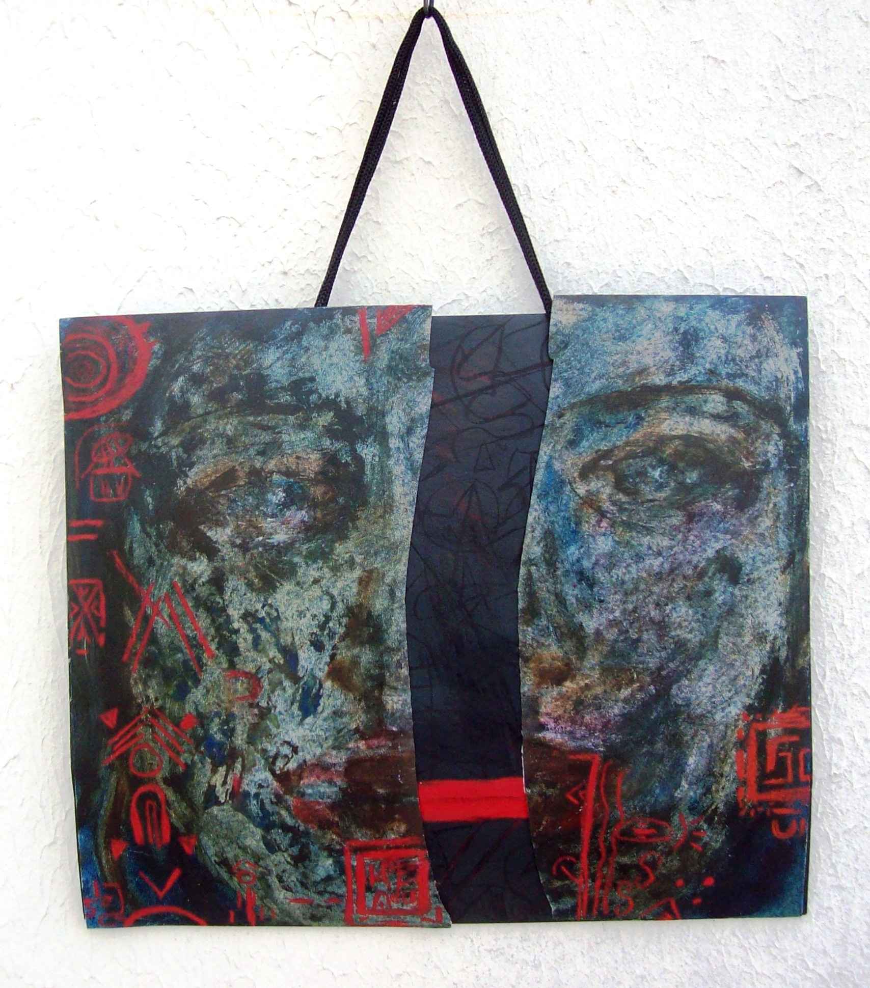 WP_Witchcraft – Ligne Rouge (Red Line) – oeuvre sur sac papier recyclé et PVC (work on upcycling bag and PVC) 30 X 36 cm Technique Mixte